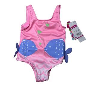 Wippette Girls Pink Fish and Hearts One Piece Swimsuit Swimwear Size 18M NWT